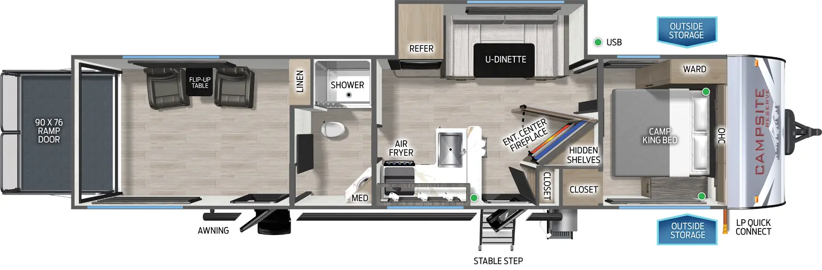 The Campsite Reserve 28SW floorplan is a toy hauler that has two entries and one slide out. Exterior features include: metal exterior. Interiors features include: u-dinette, front bedroom and pass through bathroom.